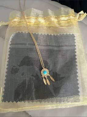 Gold Dreamcatcher Pendant Necklace with Turquoise Accent - Women Jewelry